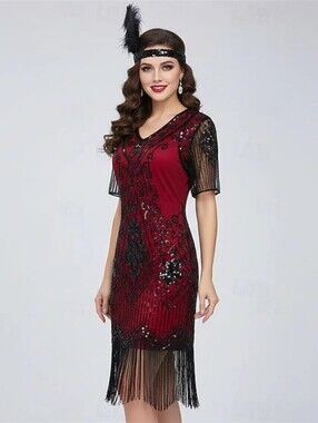 New Women's Black And Red Beaded Fringe  Cocktail Dress. Size M